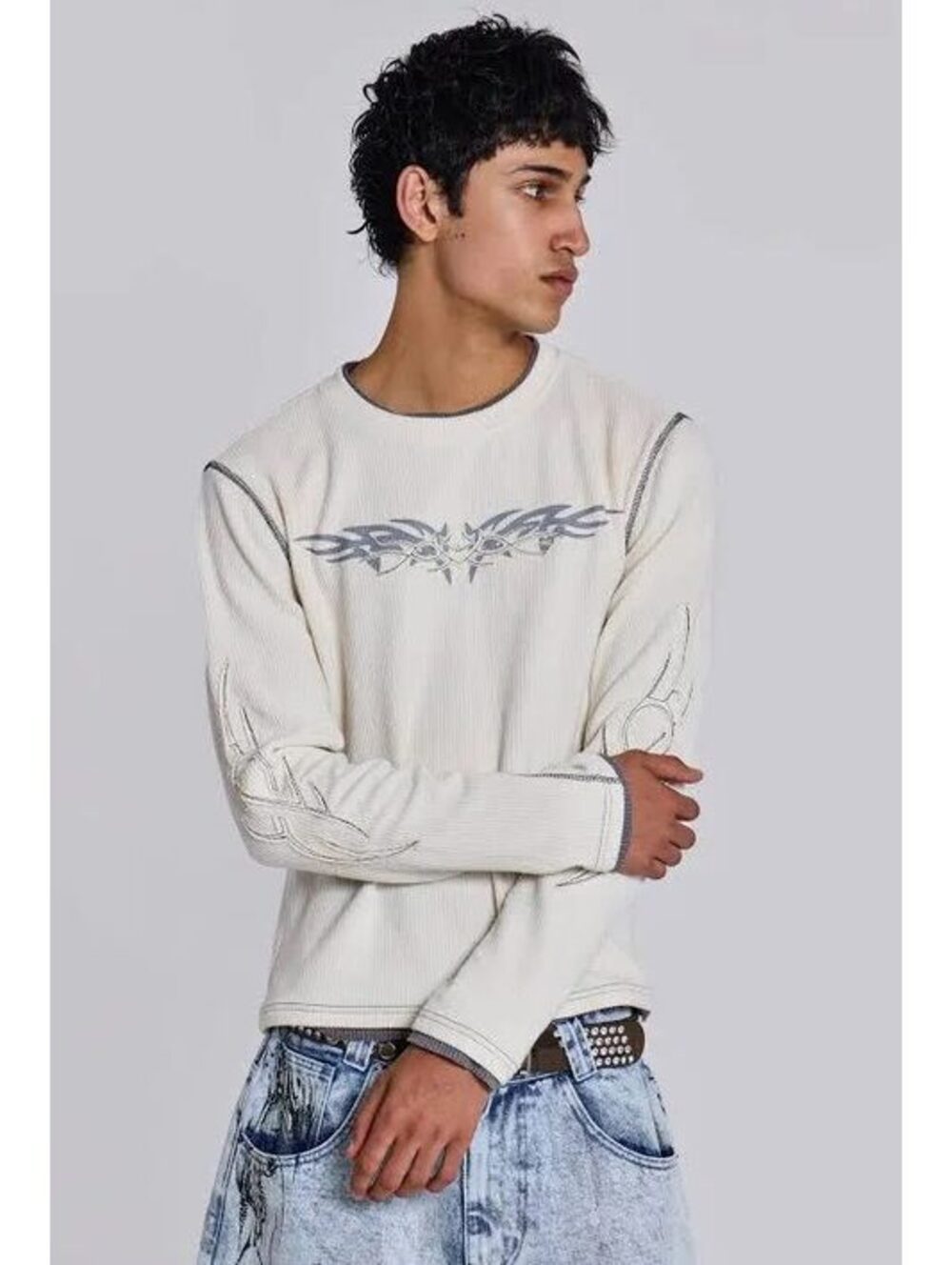 NWOT Jaded London Y2K Grunge Tribal Thermal Long Sleeve Top Off-White Size S